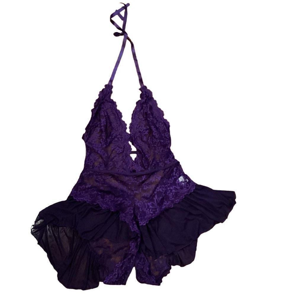 Purple Floral Lace Teddy Lingerie Bodysuit Halter Deep V Neck One Piece Sz 3X - Picture 2 of 8